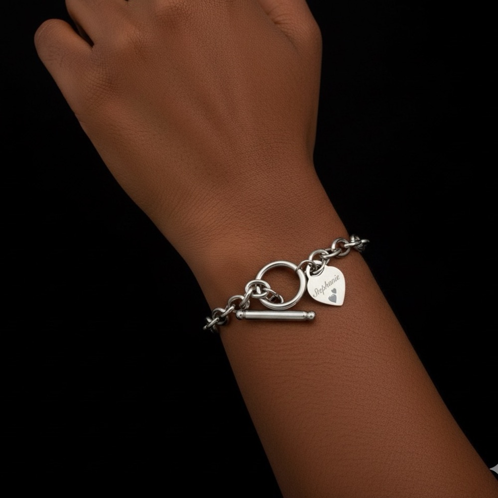Stainless Steel Toggle Clasp Bracelet with Custom Name Heart Pendant